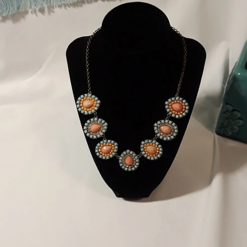 8 for $20 Beautiful Aqua Pink Coral Color and Diamonds Necklace